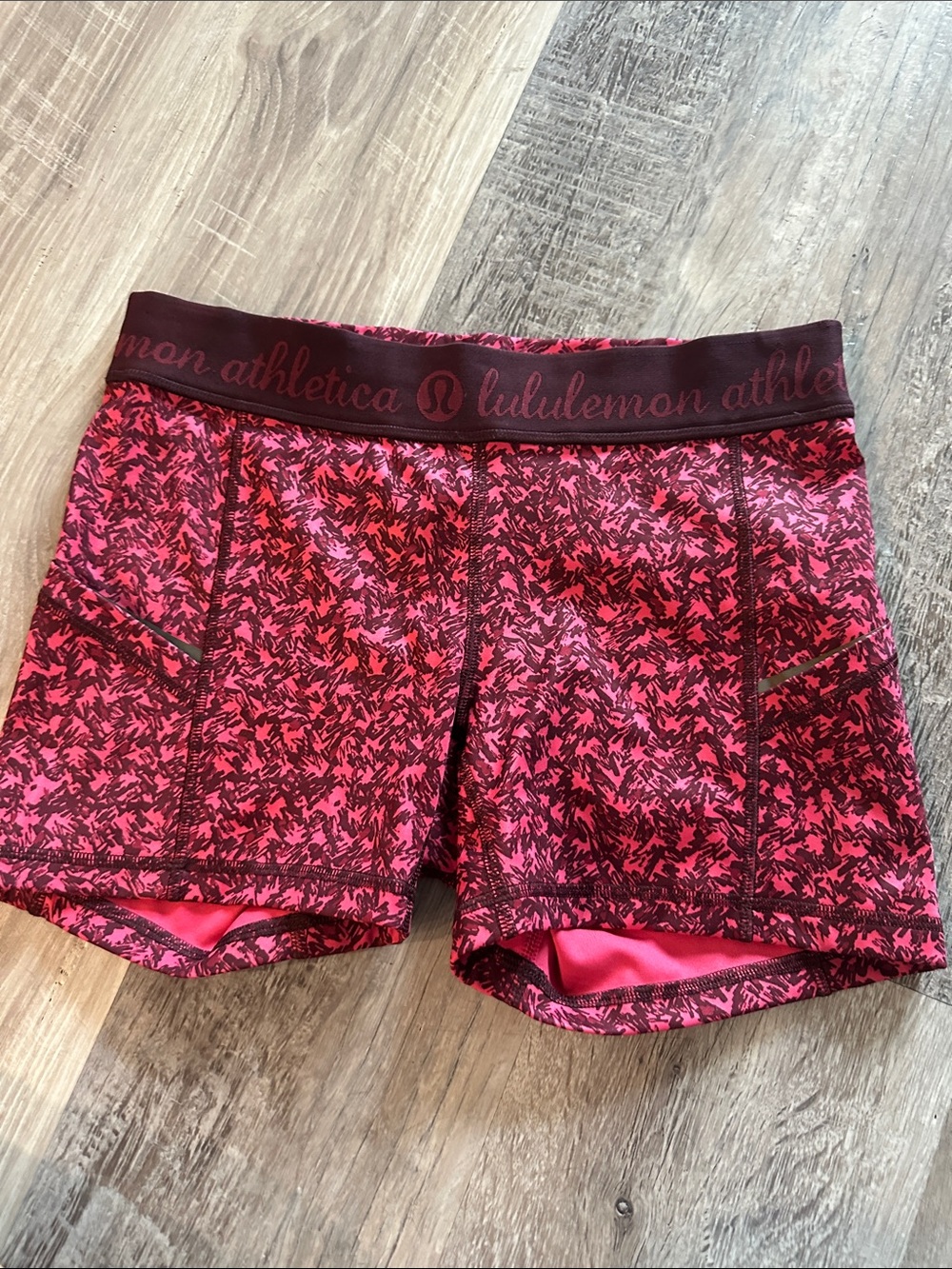 lululemon athletica Pink Patterned Bike Shorts with Dark Maroon Waistband